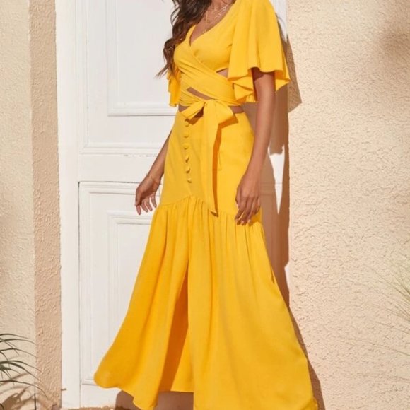 Cross Wrap Blouse & Split Hem Skirt 2 piece set -Yellow - Picture 6 of 8